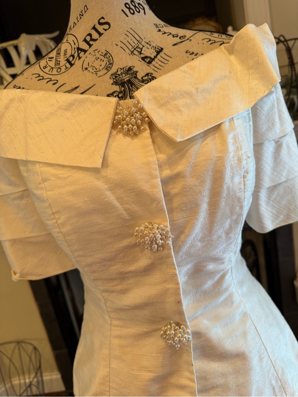 Vtg 90s Watters & Watters Silk Peplum Skirt Suit Cream Ivory Bridal Off Shoulder - Picture 2 of 15